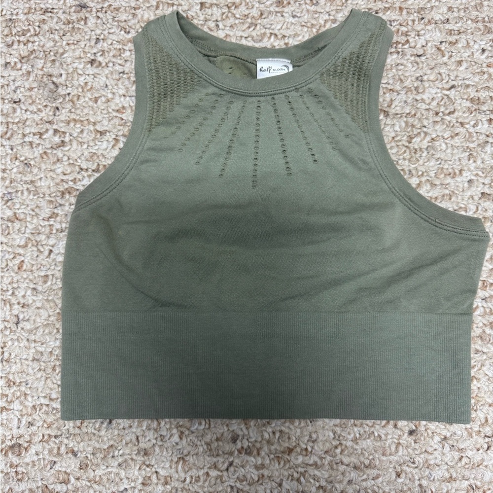 Green Ribbed Crop Sports Bra